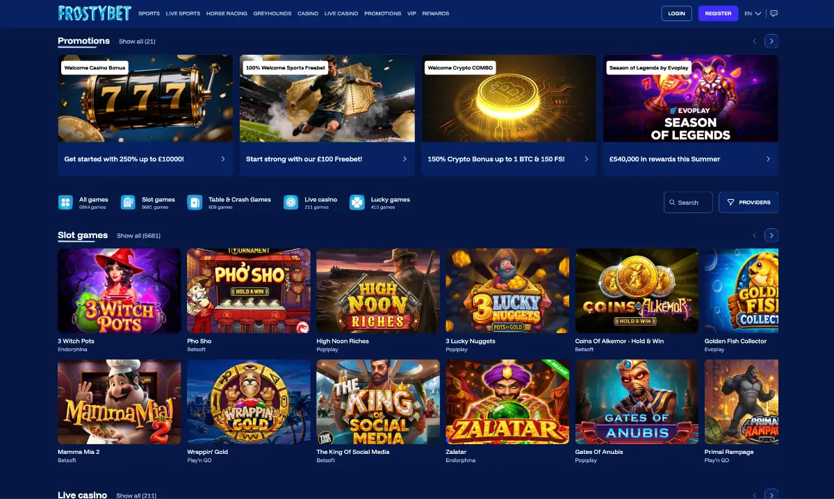 Frostybet homepage showing its game library and welcome offer