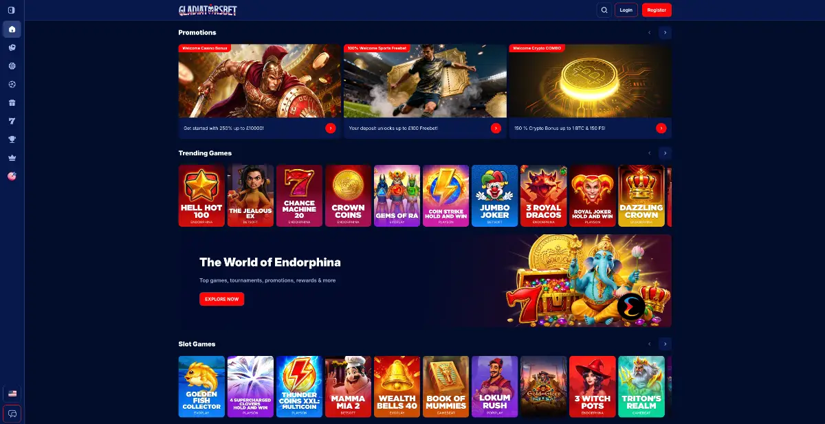 Gladiatorsbet homepage showing its game library and welcome offer