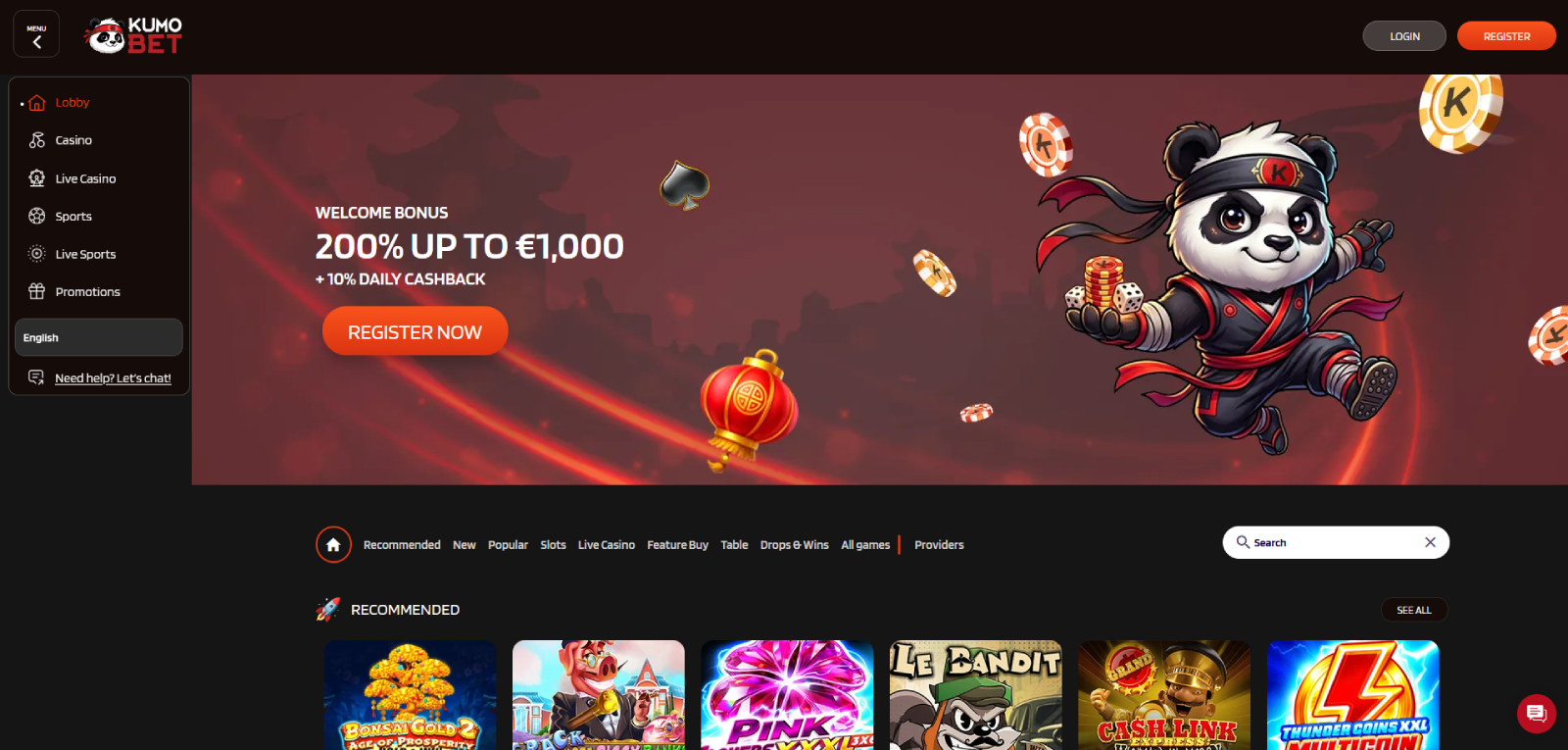 KumoBet forside med velkomstbonus på 200% op til 7.474 kr
