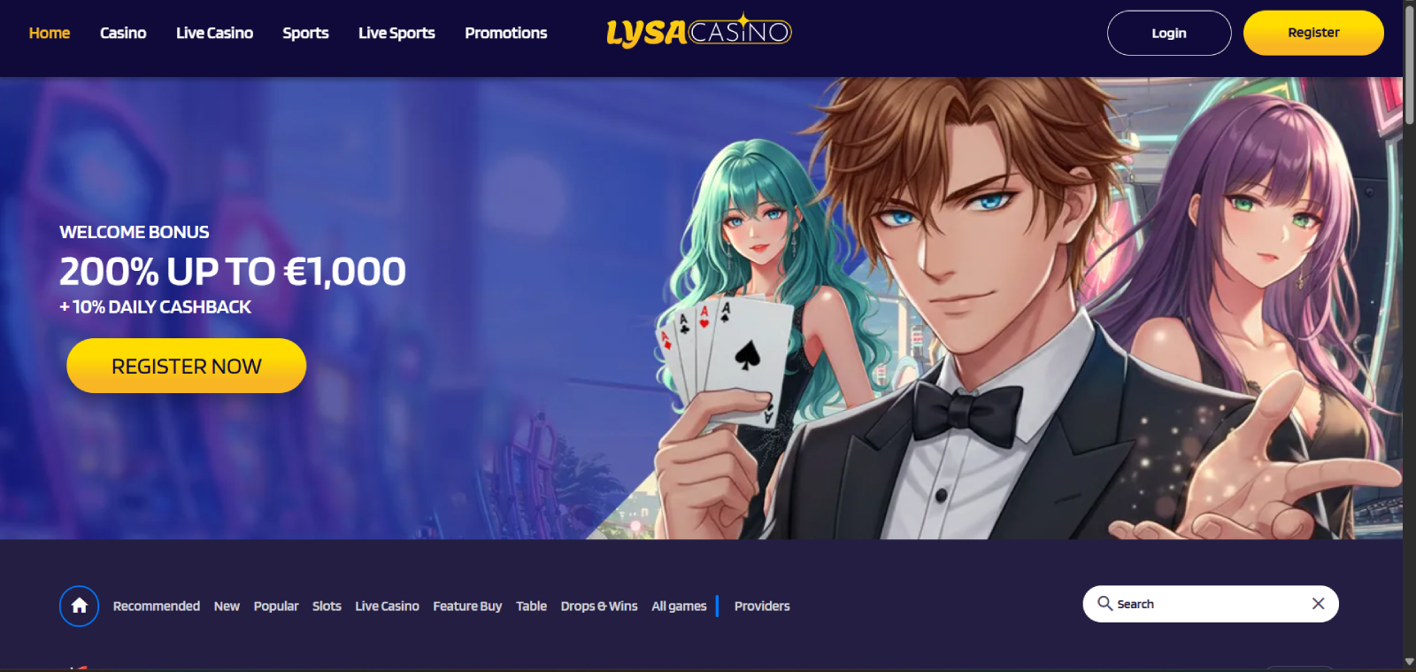 Lysa Casino forside med velkomstbonus på 200% op til 7.474 kr