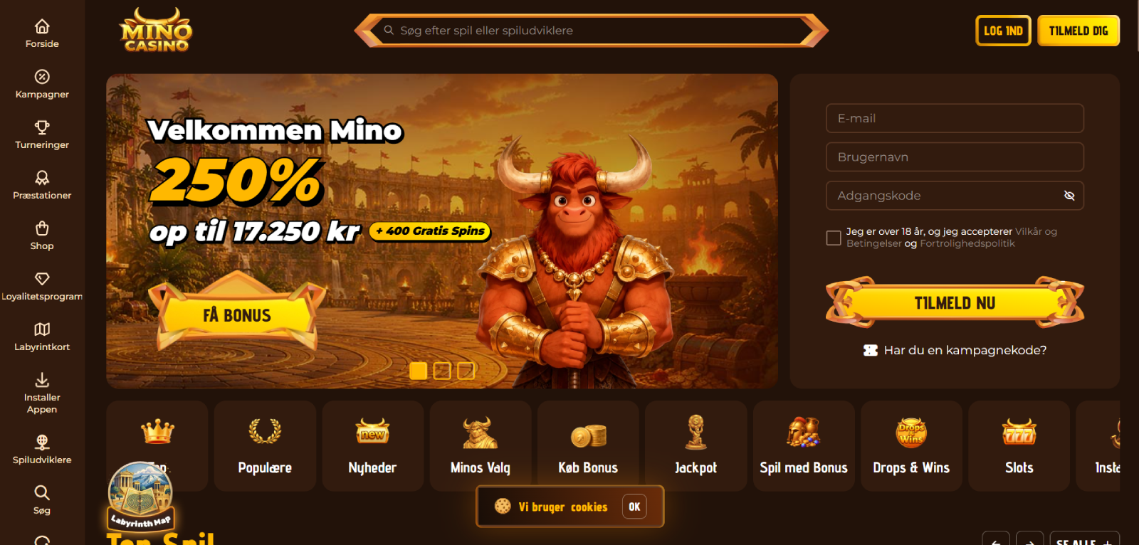 Mino Casino forside med velkomstpakke på 250% op til 17.250 kr plus 400 gratis spins