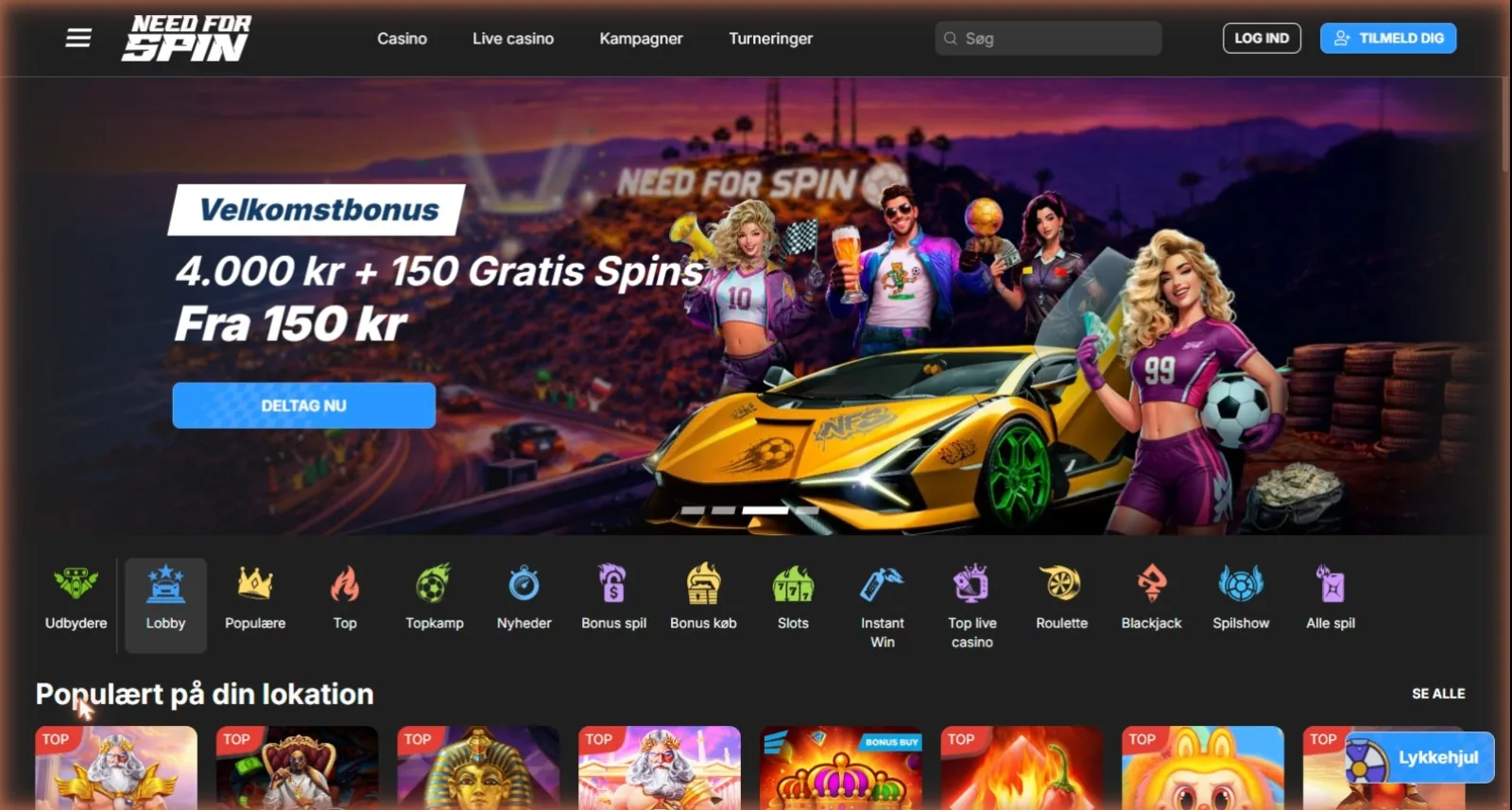 Need for Spin forside med velkomstbonus på 260% op til 18.500 kr plus 530 gratis spins