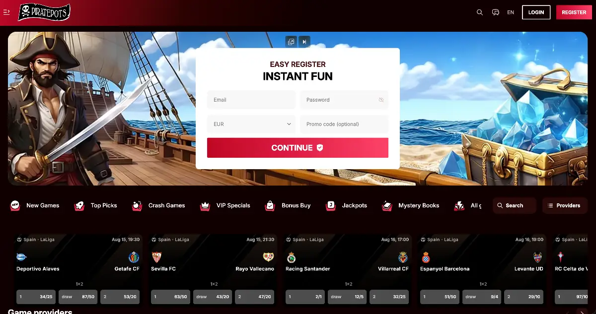 PiratePots homepage showing the 250% crypto welcome bonus up to £10,000