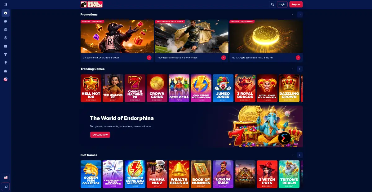 Reel Raven homepage showing the slots lobby and welcome offer