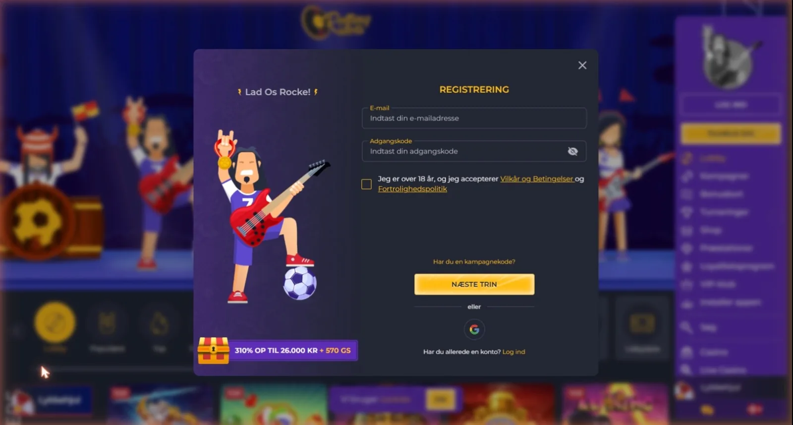 Rolling Slots forside med velkomstbonus på 310% op til 26.000 kr plus 570 gratis spins