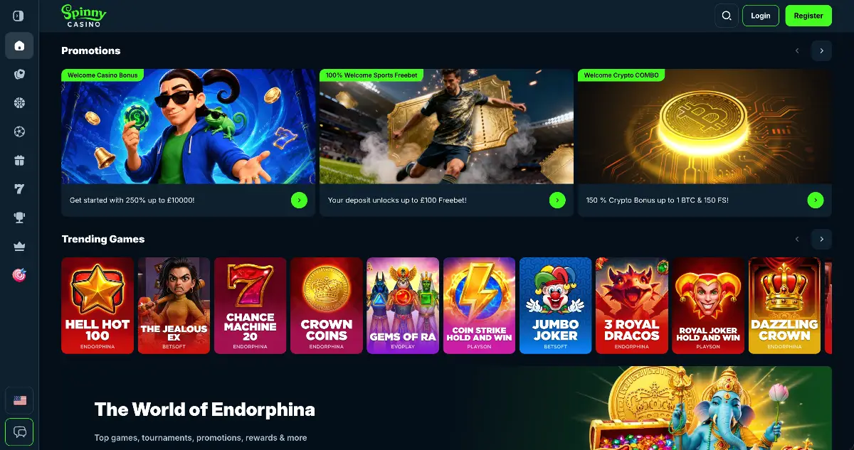 Spinny Casino homepage showing the 300% welcome bonus up to £5,000