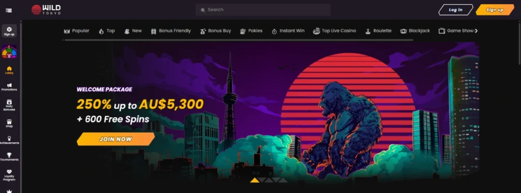 Wild Tokyo Australian homepage showing the 250% up to AU$5,300 + 700 free spins welcome offer